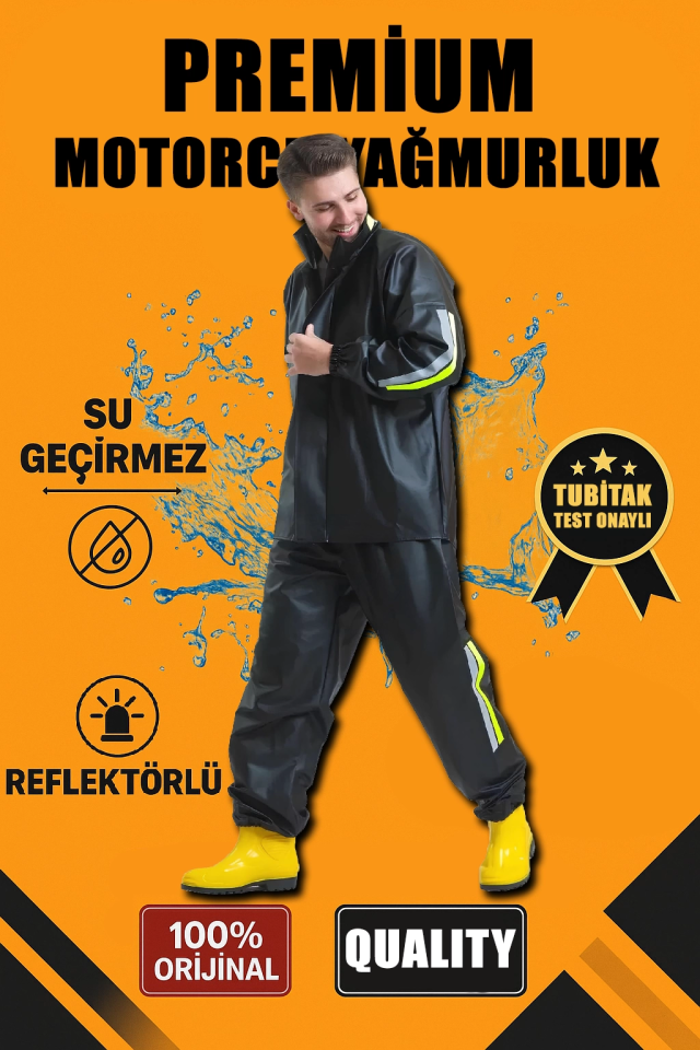 Premium Motorcyclist Courier Raincoat Set Waterproof PVC Fabric Reflective TÜBİTAK Approved - Black