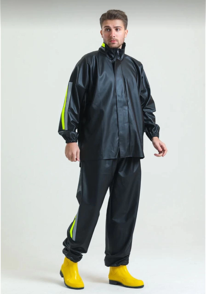 Premium Motorcyclist Courier Raincoat Set Waterproof PVC Fabric Reflective TÜBİTAK Approved - Black