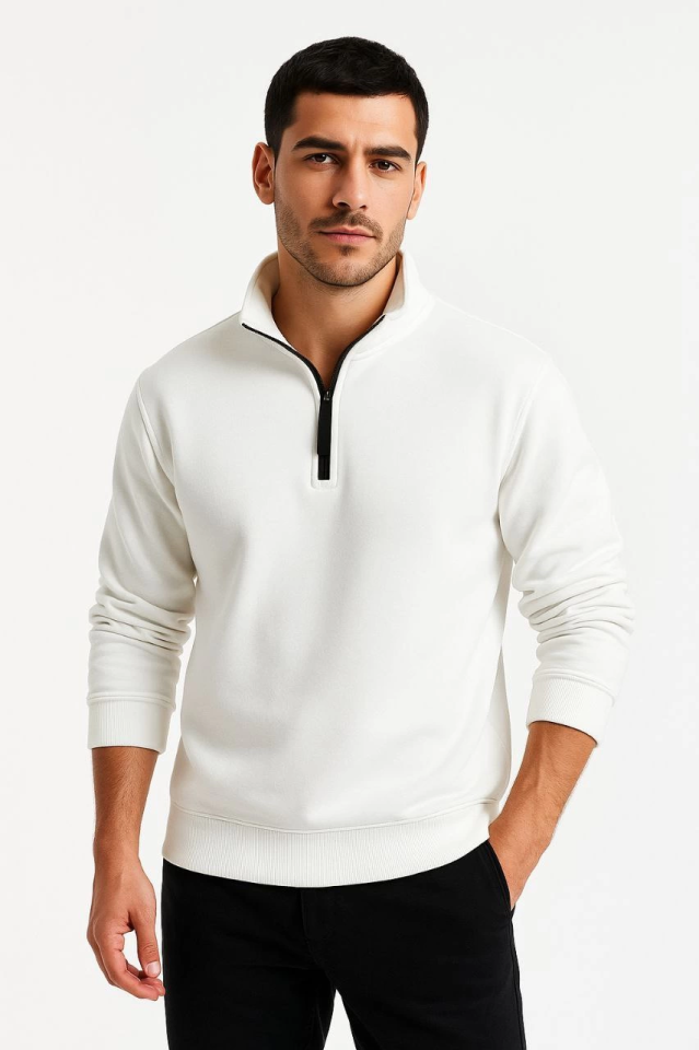 Men's Stand Collar Sweatshirt Stand Collar Half Zipper 3-Ply Brushed Cotton Fabric - White