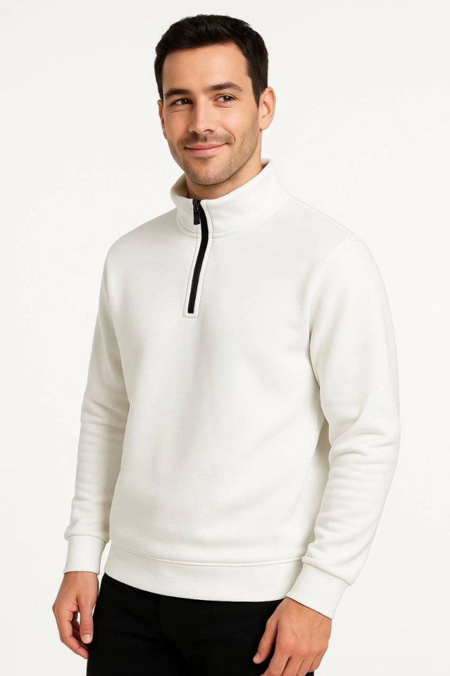 Men's Stand Collar Sweatshirt Stand Collar Half Zipper 3-Ply Brushed Cotton Fabric - White