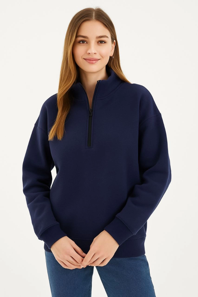 Three-Thread Stand Collar Half-Zip Sweatshirt - Navy
