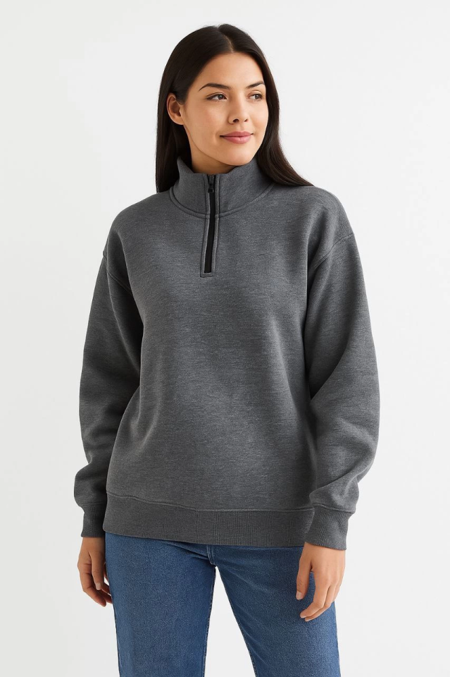 Three-Thread Stand Collar Half-Zip Sweatshirt - Anthracite