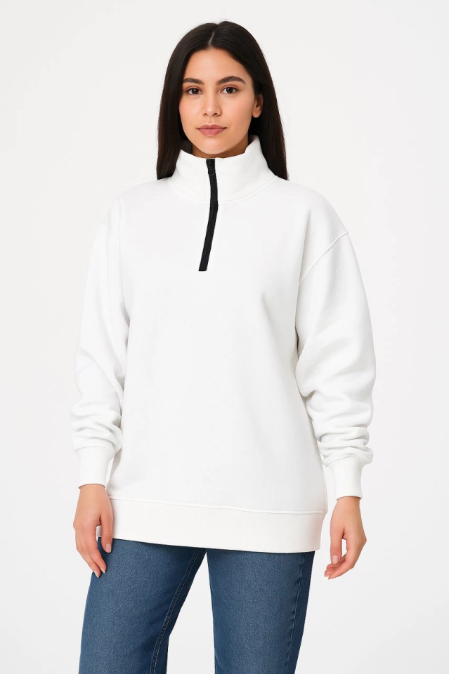 Three-Thread Stand Collar Half-Zip Sweatshirt - White