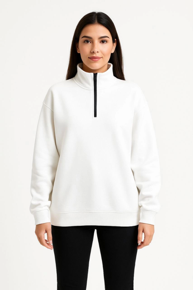 Three-Thread Stand Collar Half-Zip Sweatshirt - White