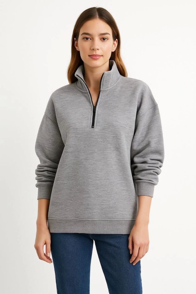 Three-Thread Stand Collar Half-Zip Sweatshirt - Gray