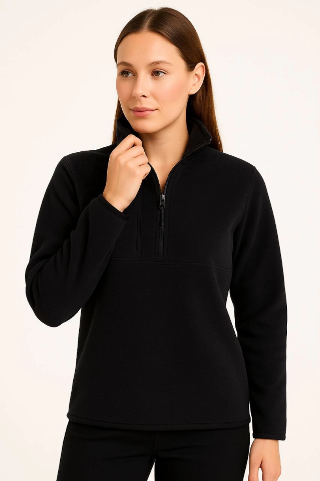 Fleece Sweater – Stand Collar, Half Zipper, Zippered Chest Pocket, Black Trim, Winter Comfortable Regular Fit Casual Model - Black