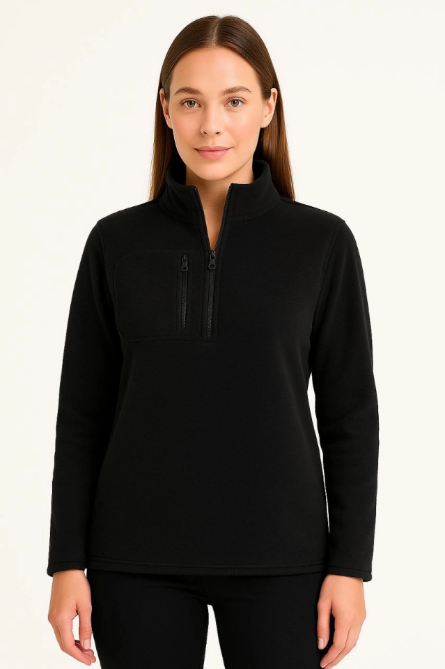 Fleece Sweater – Stand Collar, Half Zipper, Zippered Chest Pocket, Black Trim, Winter Comfortable Regular Fit Casual Model - Black