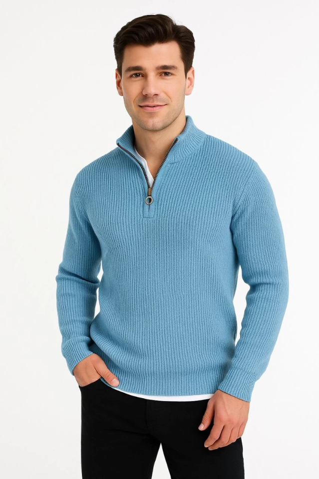 Men’s Half-Zip Knit Sweater – Fisherman’s Rib Knit, Mock Neck, Cotton Fabric, Regular-Fit Long-Sleeve Winter Style – Baby Blue