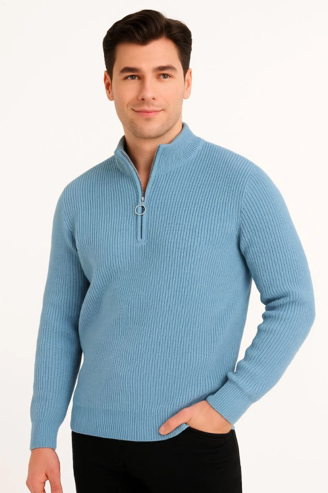 Men’s Half-Zip Knit Sweater – Fisherman’s Rib Knit, Mock Neck, Cotton Fabric, Regular-Fit Long-Sleeve Winter Style – Baby Blue