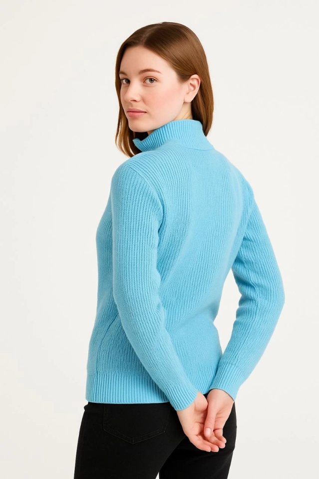 WOMEN's Half Zipper Knit Sweater – Thessaloniki Knit, Stand Collar, Cotton Weave, Oversized Long Sleeve Winter Model - Baby Blue