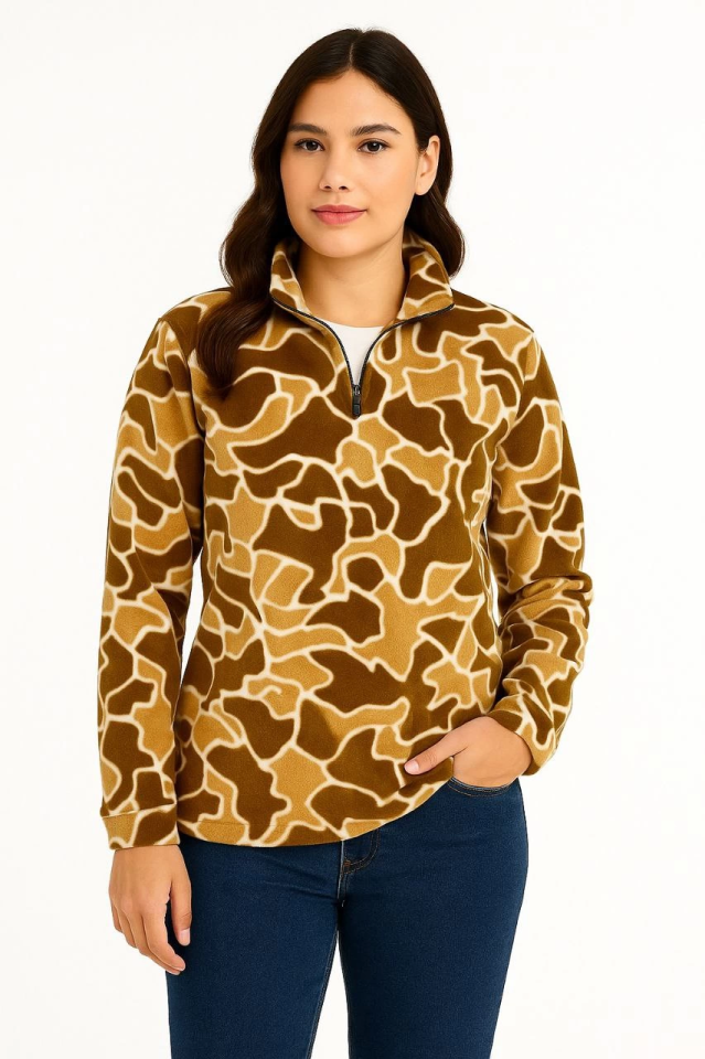 WOMEN's Half-Zip Patterned Fleece Sweatshirt Collar, Long Sleeve, Oversize Comfortable Fit - Brown