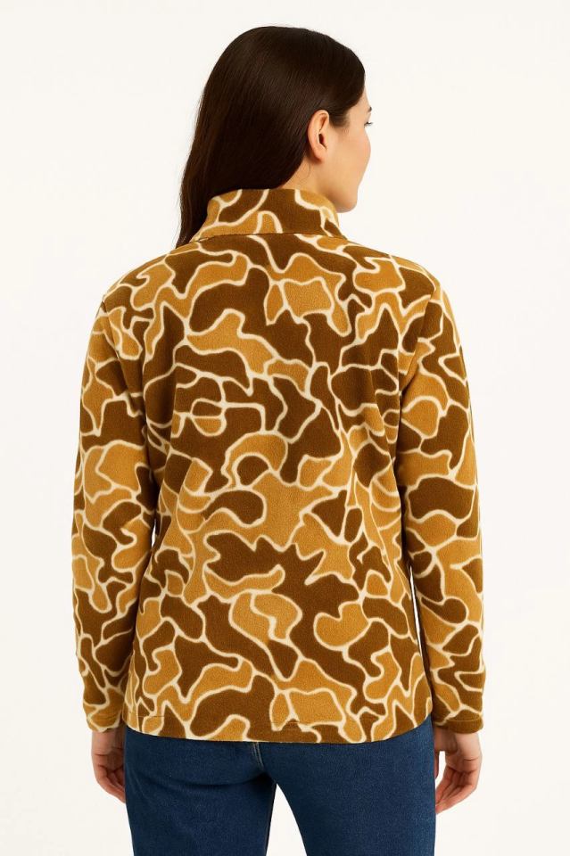 WOMEN's Half-Zip Patterned Fleece Sweatshirt Collar, Long Sleeve, Oversize Comfortable Fit - Brown