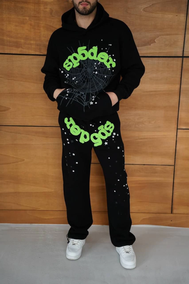 Men's Hooded Tracksuit Set Spider Web and Neon Green Printed Kangaroo Pocket Oversize Casual Fit, Premium Three-Ply Fabric - Black