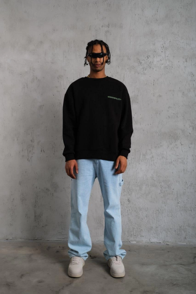 Men's Oversize Sweatshirt – Black Color Front and Back Printed, Three-Ply Cotton Inside Fabric, Casual Fit, Ribbed Winter Sweatshirt Winagain Polizei Series - Black