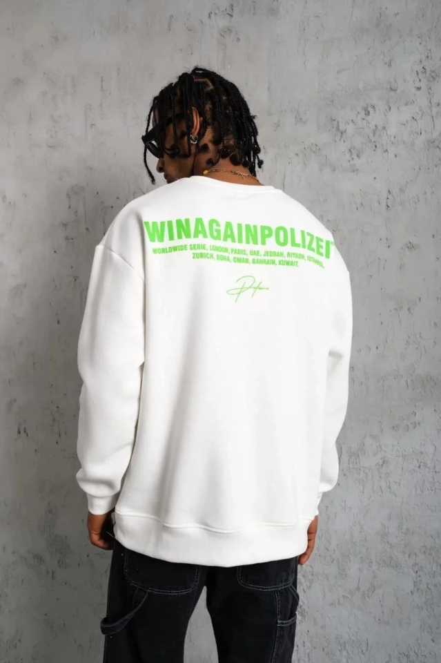 Erkek Oversize Sweatshirt – Beyaz Renk Ön Ve Sırt Baskılı, Üç İplik İçi Pamuklu Kumaş, Rahat Kalıp, Ribanalı Kışlık Sweat Winagain Polizei Serisi - Beyaz