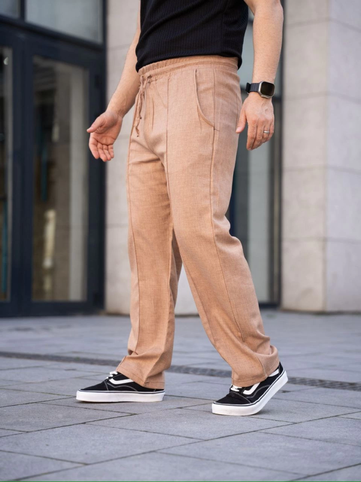 Men's Linen Pocket Seamed Jogger Baggy Pants Relaxed Fit - Brown