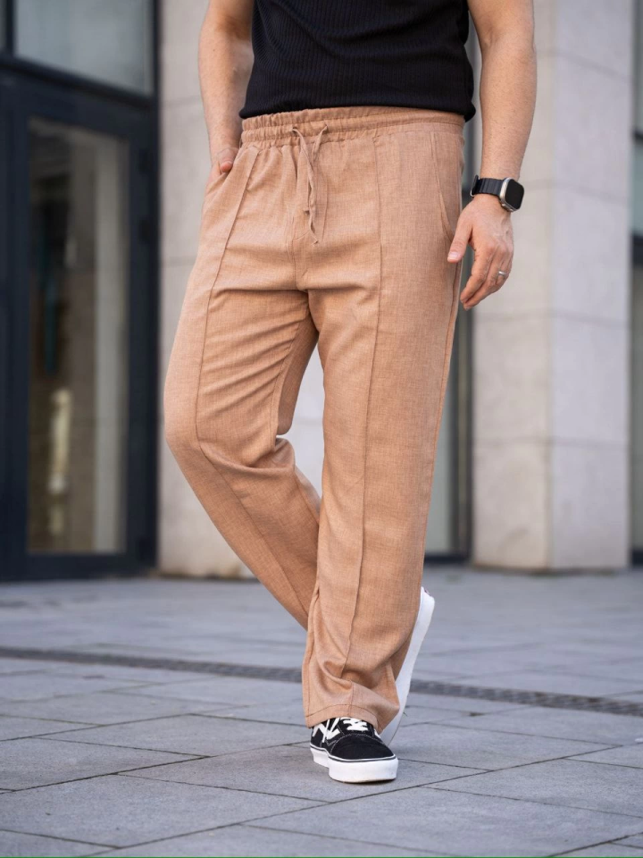 Men's Linen Pocket Seamed Jogger Baggy Pants Relaxed Fit - Brown
