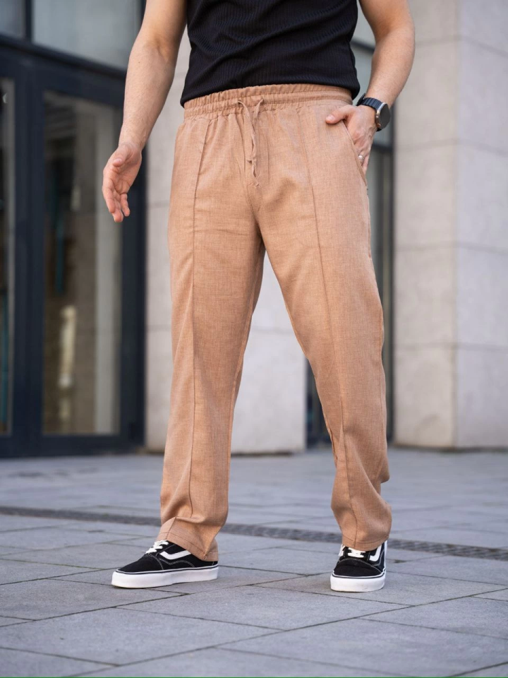 Erkek Keten Cepli Çıma Dikişli Jogger Buggy Pantalon Rahat Kalıp - Kahverengi