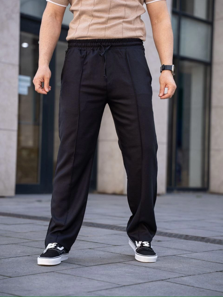 Men's Linen Pocketed Seam Jogger Baggy Pants Relaxed Fit - Black