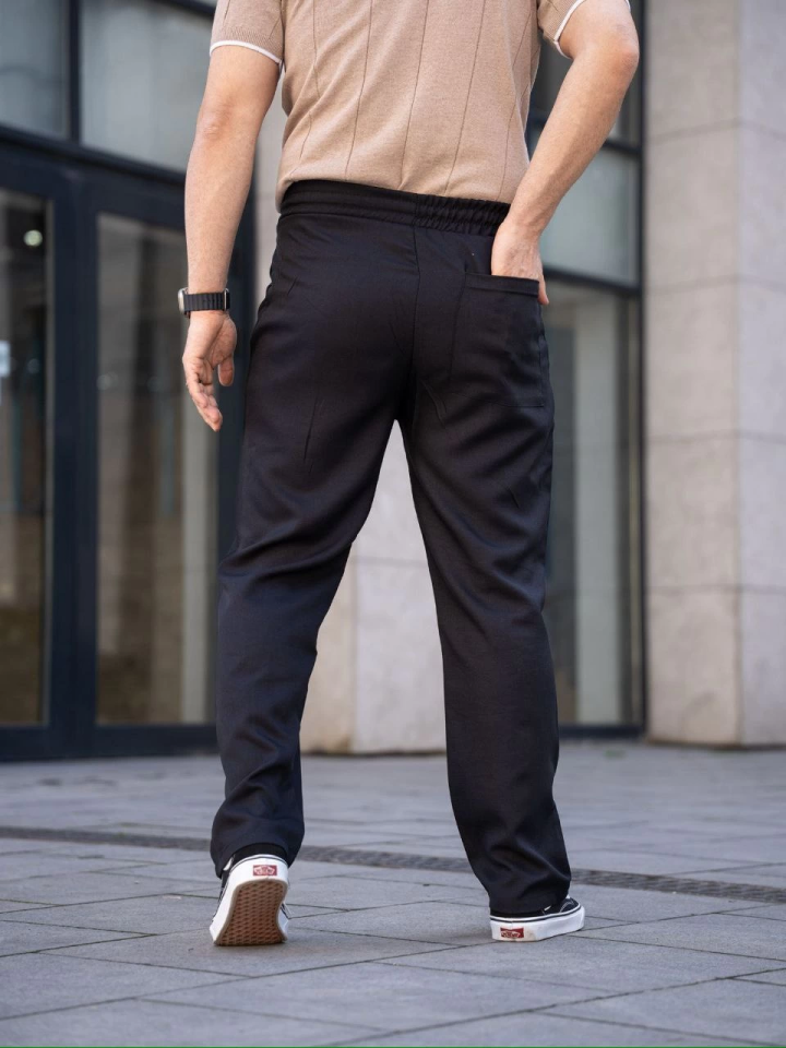 Men's Linen Pocketed Seam Jogger Baggy Pants Relaxed Fit - Black