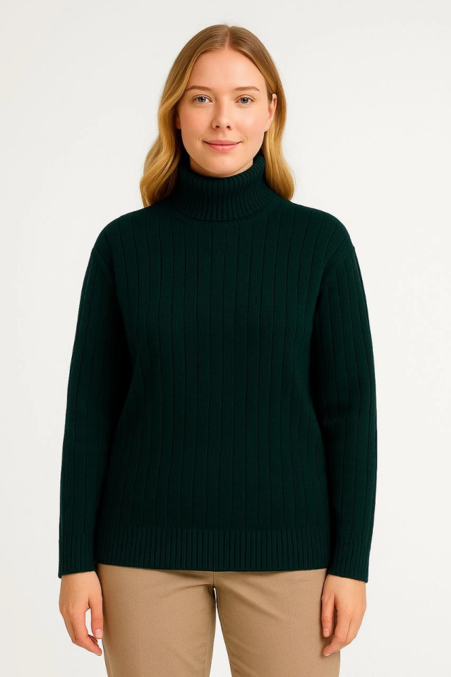 Turtleneck Ribbed Knit Sweater Cotton Thick Ribbed Fabric - Khaki