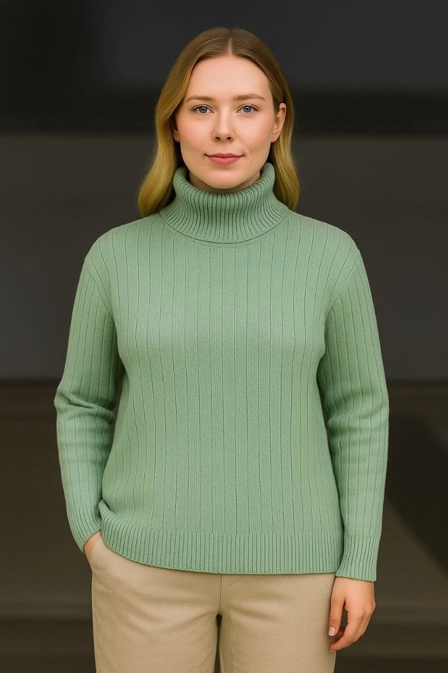 Turtleneck Ribbed Knit Sweater Cotton Thick Ribbed Fabric - Mint Green