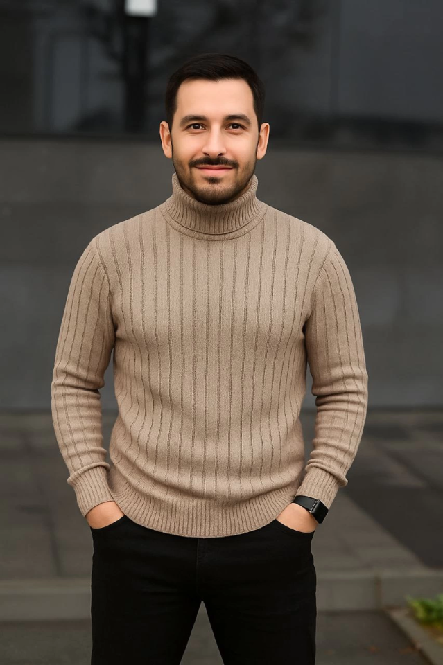 Erkek Balıkcı Yaka Bağazlı Triko Kazak Pamuklu Kalın Fitilli Dokuma, Regular Fit Uzun Kollu Kışlık Model - Bej