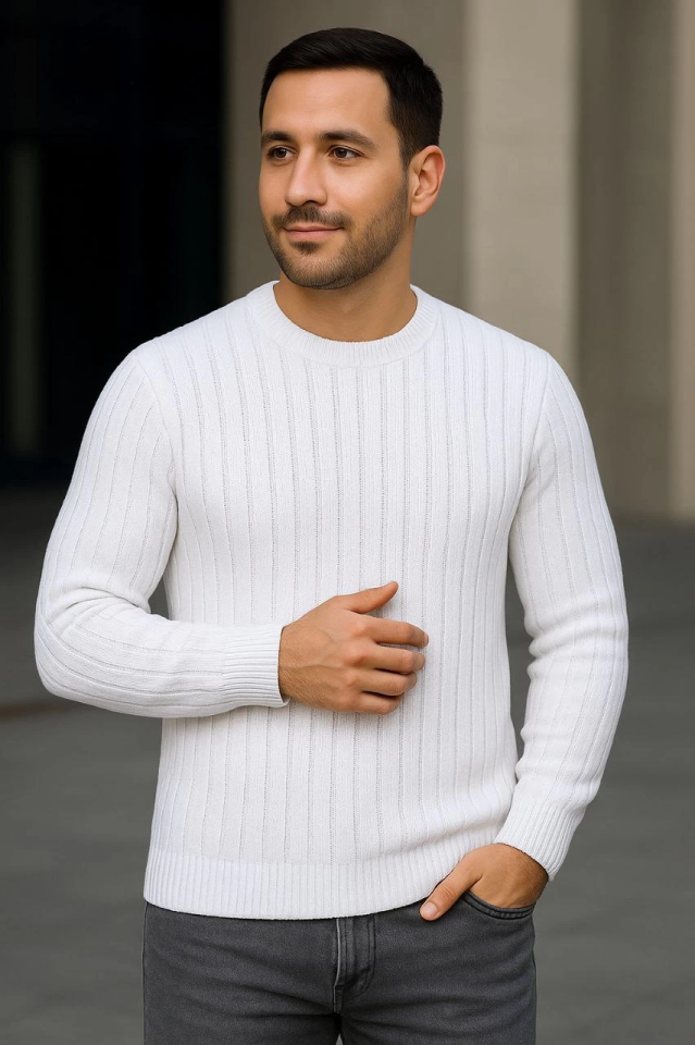 Men's Round Neck Knit Sweater Cotton Thick Ribbed Fabric, Regular Fit Long Sleeve Winter Model - White