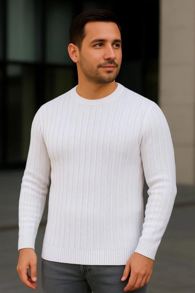 Men's Round Neck Knit Sweater Cotton Thick Ribbed Fabric, Regular Fit Long Sleeve Winter Model - White