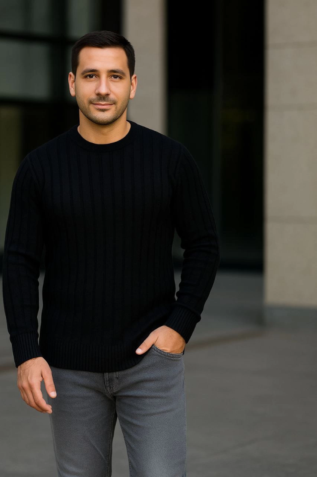 Men's Round Neck Knit Sweater Cotton Thick Ribbed Fabric, Regular Fit Long Sleeve Winter Model - Black