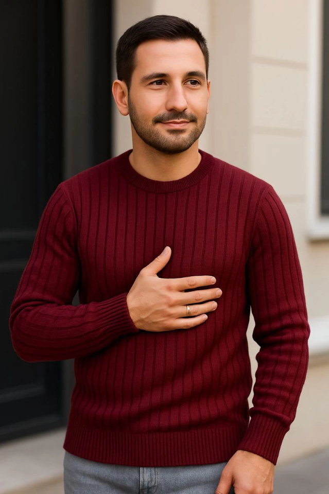 Erkek Bisiklet Yuvarlak Yaka Triko Kazak Pamuklu Kalın Fitilli Dokuma, Regular Fit Uzun Kollu Kışlık Model - Bordo