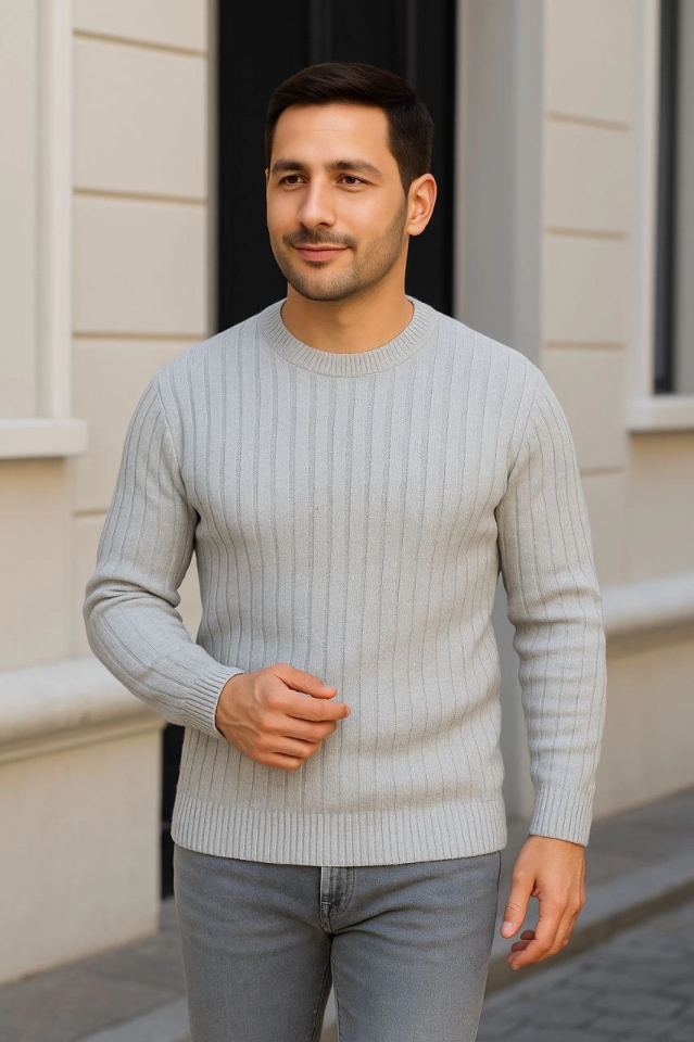 Erkek Bisiklet Yuvarlak Yaka Triko Kazak Pamuklu Kalın Fitilli Dokuma, Regular Fit Uzun Kollu Kışlık Model - Gri