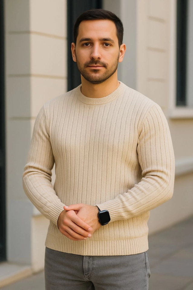 Erkek Bisiklet Yuvarlak Yaka Triko Kazak Pamuklu Kalın Fitilli Dokuma, Regular Fit Uzun Kollu Kışlık Model - Bej