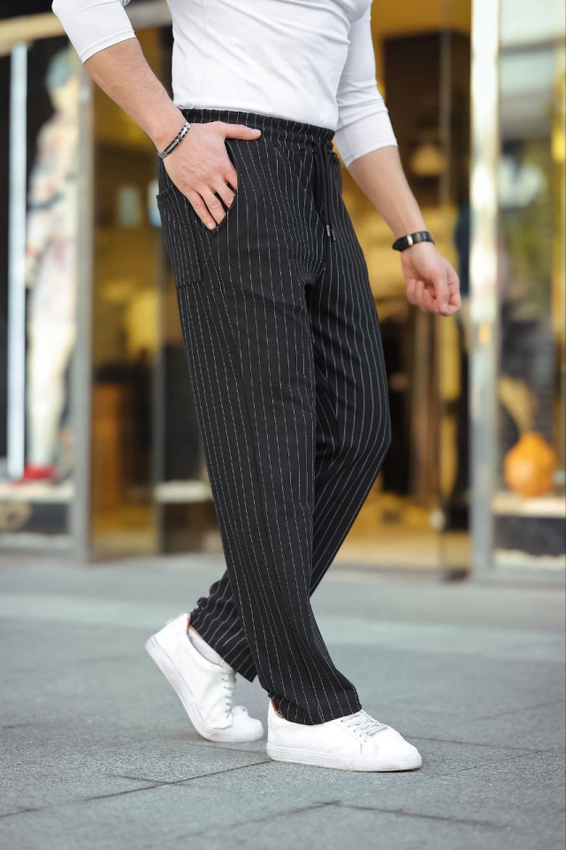 Men's Striped Woven Crepe Jogger Baggy Pants Relaxed Fit - Black