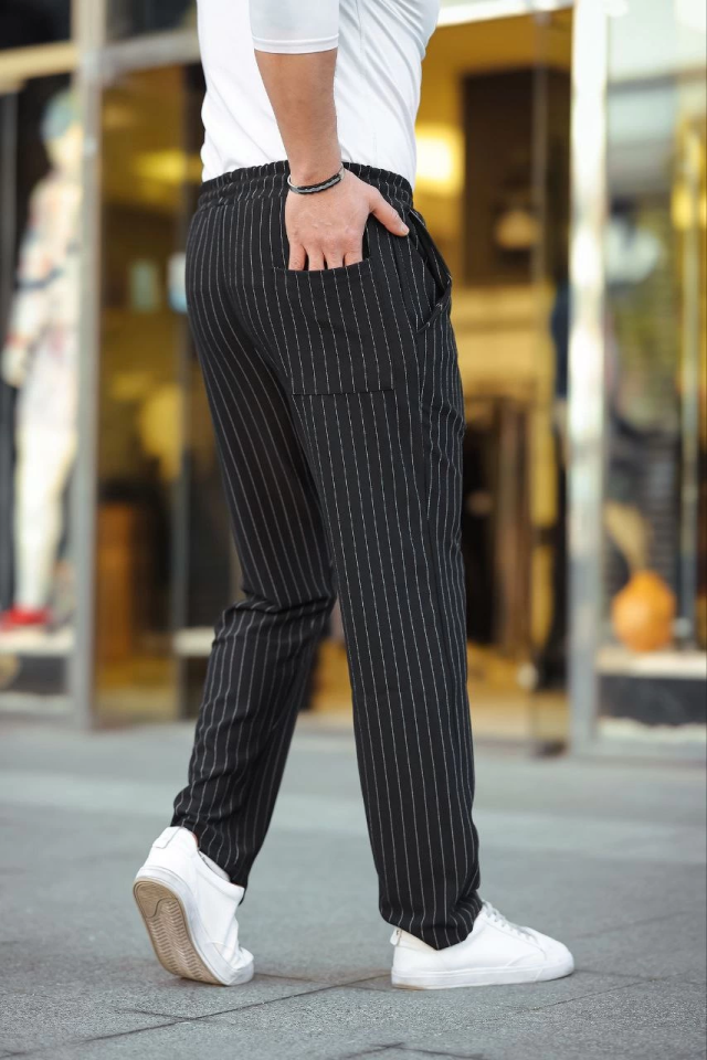 Men's Striped Woven Crepe Jogger Baggy Pants Relaxed Fit - Black