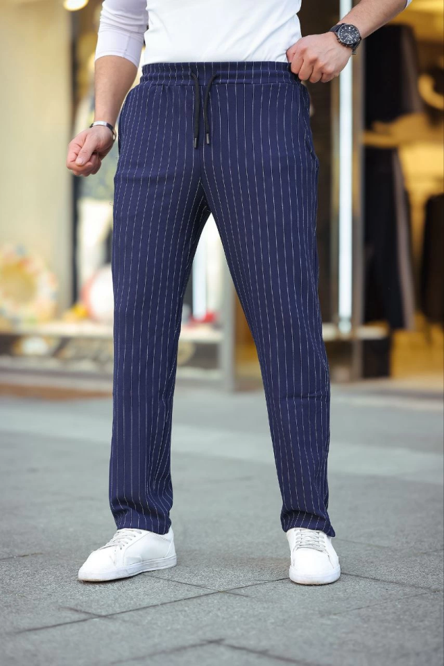 Men's Striped Woven Crepe Jogger Baggy Pants Comfortable Fit - Navy Blue