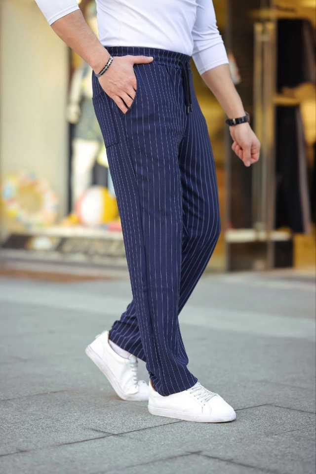 Men's Striped Woven Crepe Jogger Baggy Pants Comfortable Fit - Navy Blue
