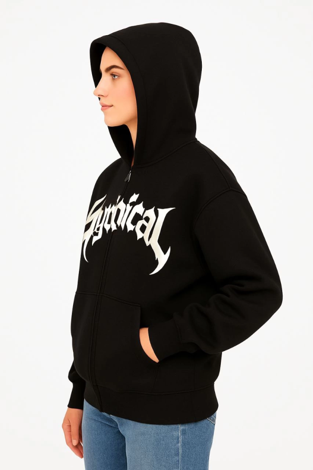 Oversize Kapüşonlu Sweatshirt Hoodie 3 İplik Şardonlu Pamuklu Kumaş, Önü Baskılı, Fermuarlı Rahat Kalıp, Kışlık Ve Sokak Stili Sweat - Siyah