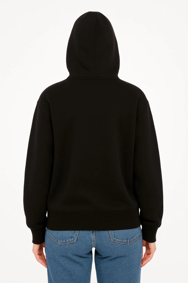 Oversize Kapüşonlu Sweatshirt Hoodie 3 İplik Şardonlu Pamuklu Kumaş, Önü Baskılı, Fermuarlı Rahat Kalıp, Kışlık Ve Sokak Stili Sweat - Siyah