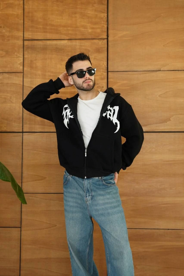 Erkek Kapüşonlu Sweatshirt Hoodie 3 İplik Şardonlu Pamuklu Kumaş, Önü Baskılı, Fermuarlı Rahat Kalıp, Kışlık Ve Sokak Stili Sweat - Siyah