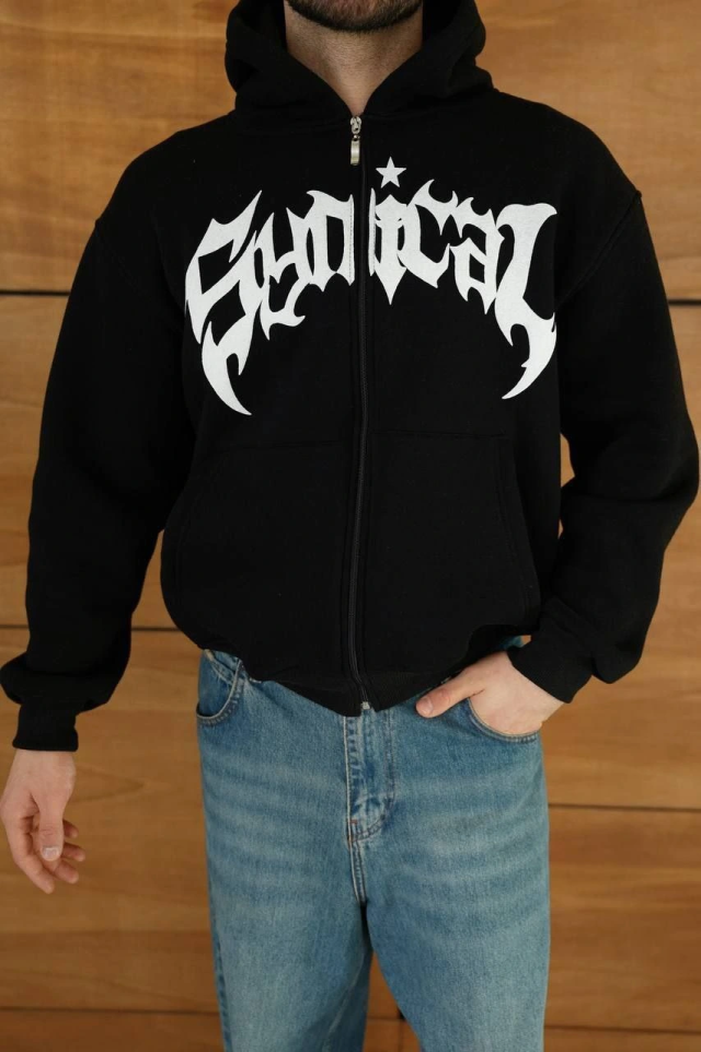 Erkek Kapüşonlu Sweatshirt Hoodie 3 İplik Şardonlu Pamuklu Kumaş, Önü Baskılı, Fermuarlı Rahat Kalıp, Kışlık Ve Sokak Stili Sweat - Siyah