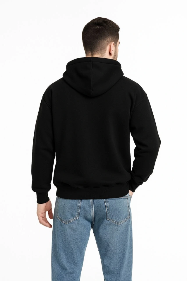 Men's Hooded Sweatshirt Hoodie 3-Ply Brushed Cotton Fabric, Front Printed, Zippered Casual Fit, Winter and Street Style Sweatshirt - Black