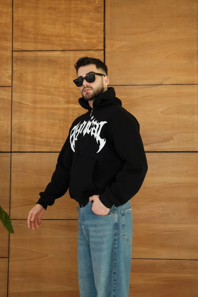 Men's Hooded Sweatshirt Hoodie 3-Ply Brushed Cotton Fabric, Front Printed, Zippered Casual Fit, Winter and Street Style Sweatshirt - Black