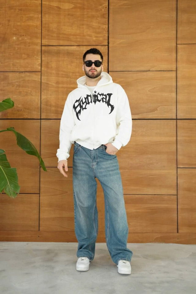 Erkek Kapüşonlu Sweatshirt Hoodie 3 İplik Şardonlu Pamuklu Kumaş, Önü Baskılı, Fermuarlı Rahat Kalıp, Kışlık Ve Sokak Stili Sweat - Beyaz