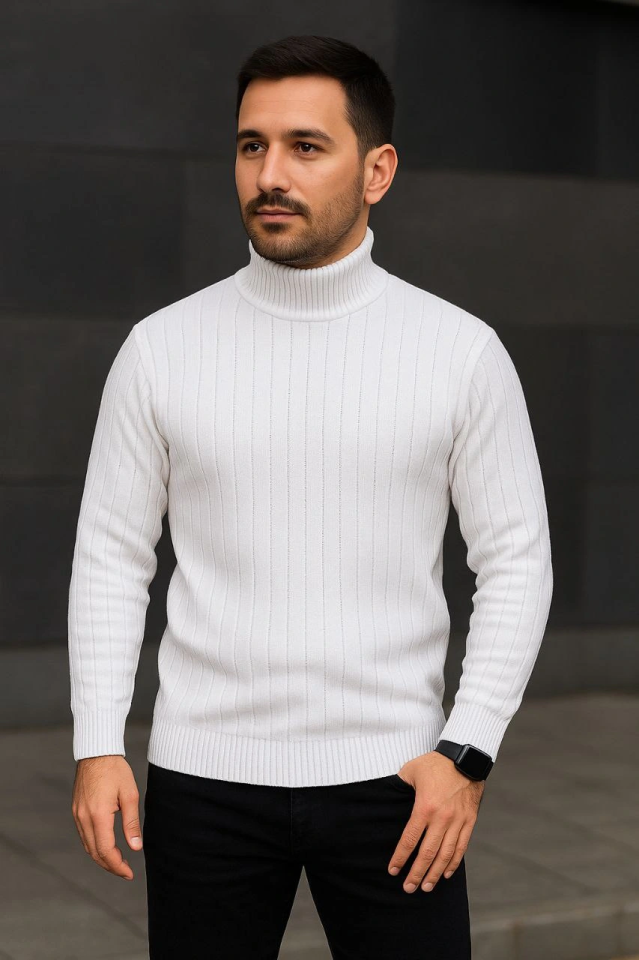 Men's Ribbed Knit Sweater 2-Piece Set White Black Regular Fisherman Collar Full Turtleneck Knit Set Model Sweater