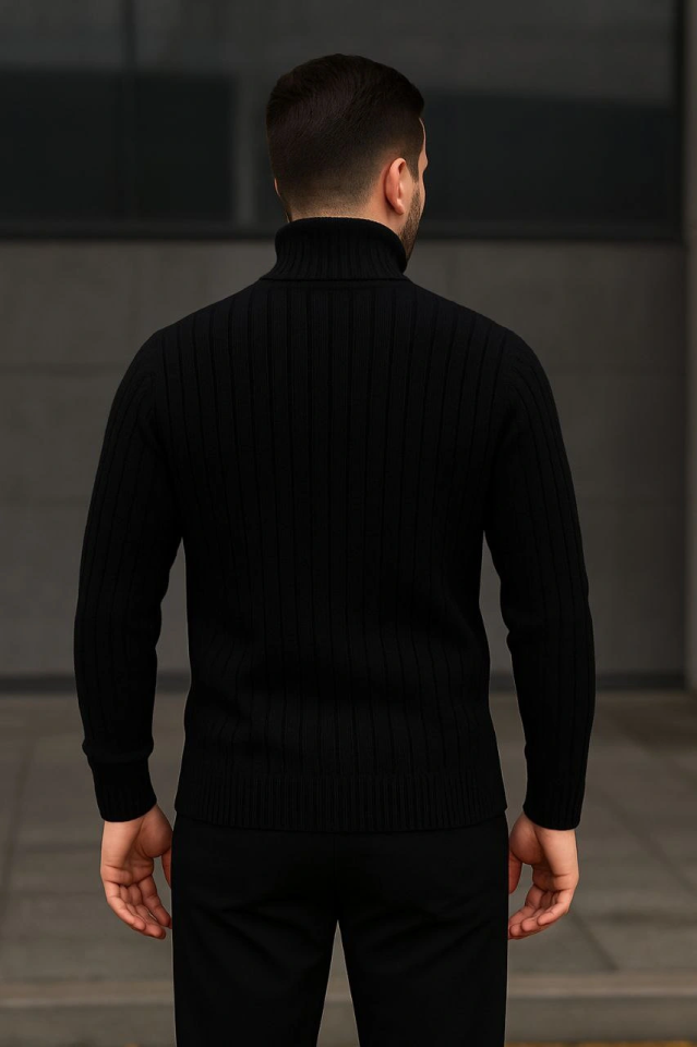 Erkek Fitilli Triko Kazak 2li Set Bebek Mavisi Siyah Regular Balıkcı Yaka Tam Boğazlı Triko Seti Modeli Kazak
