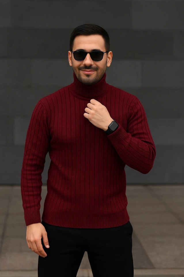 Men's Ribbed Knit Sweater 3-Piece Set White Burgundy Black Regular Fisherman Collar Full Turtleneck Knit Set Model Sweater