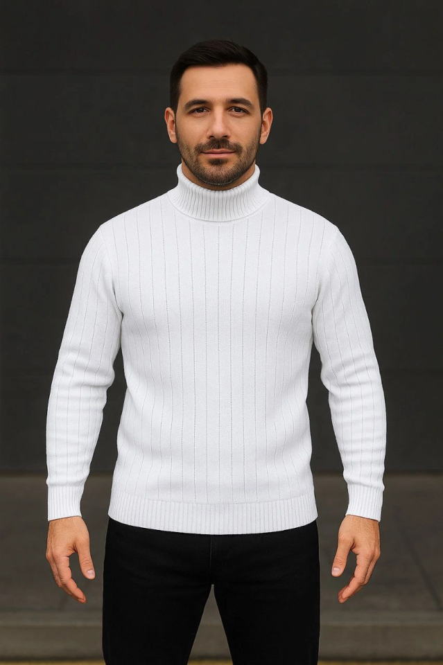 Men's Ribbed Knit Sweater 3-Piece Set White Burgundy Black Regular Fisherman Collar Full Turtleneck Knit Set Model Sweater