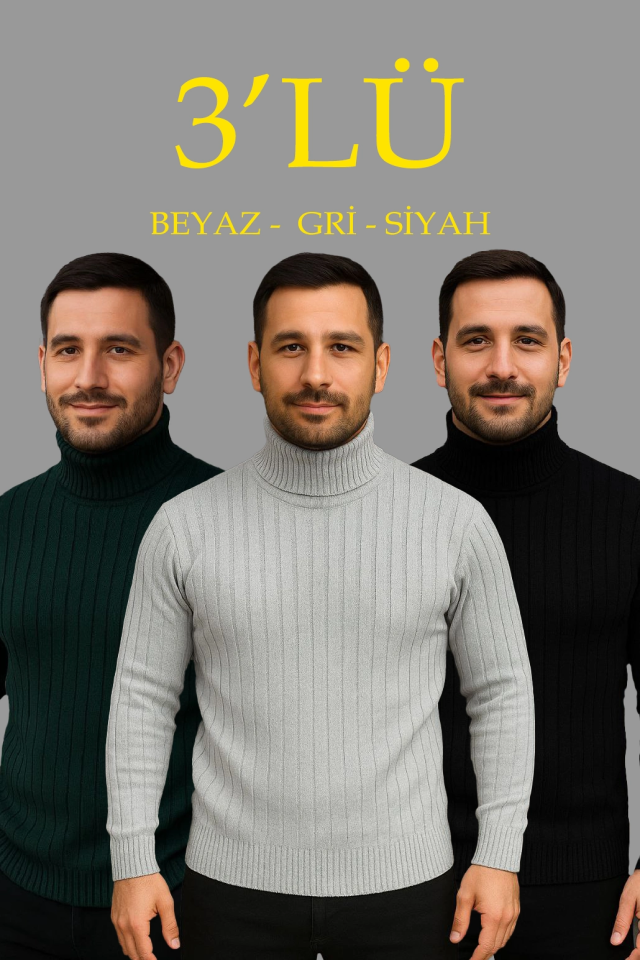 Men's Ribbed Knit Sweater 3-Piece Set Gray Khaki Black Regular Turtleneck Full Neck Knit Set Sweater Model