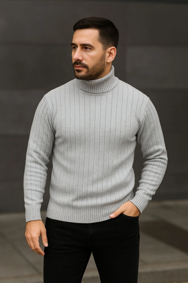 Erkek Fitilli Triko Kazak 3lÜ Set Gri Haki Siyah Regular Balıkcı Yaka Tam Boğazlı Triko Seti Modeli Kazak